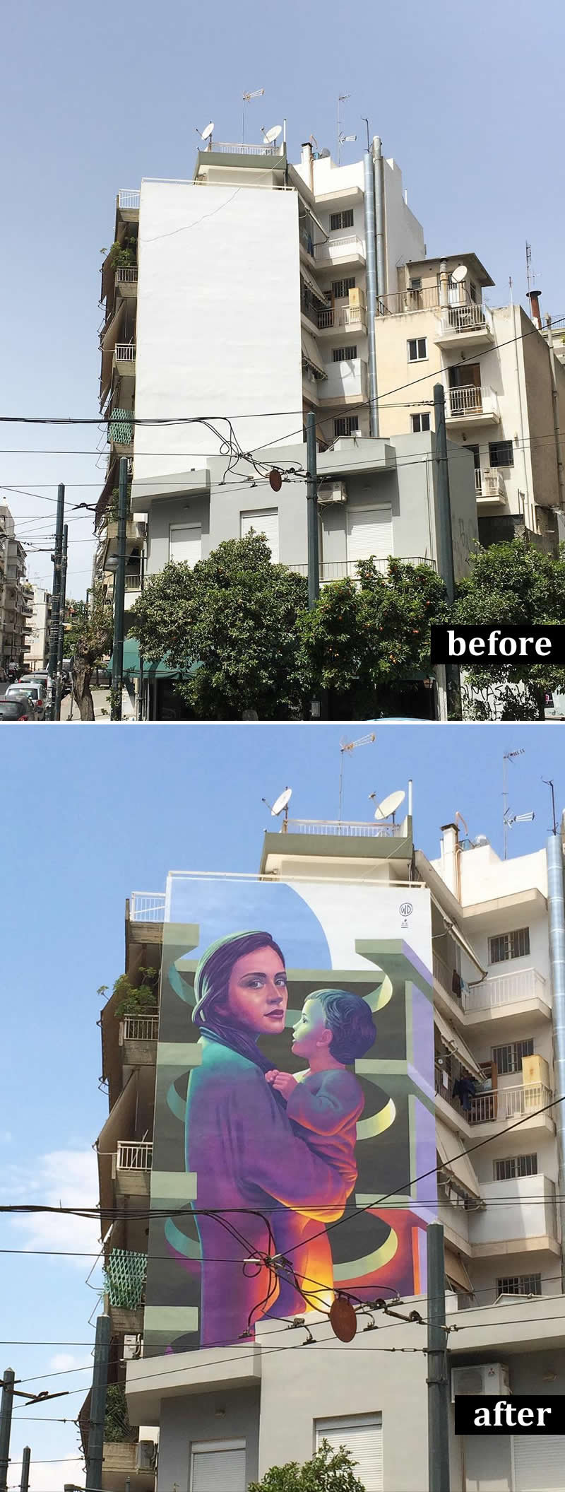 From Simple Walls to Spectacular Illusions: 36 Hyperrealistic Artworks That Defy Reality 59 Before-and-after image of a tall apartment building transformed from a plain white wall into a large mural depicting a woman holding a child, rendered in vibrant colors and framed by geometric architectural forms integrated into the facade.