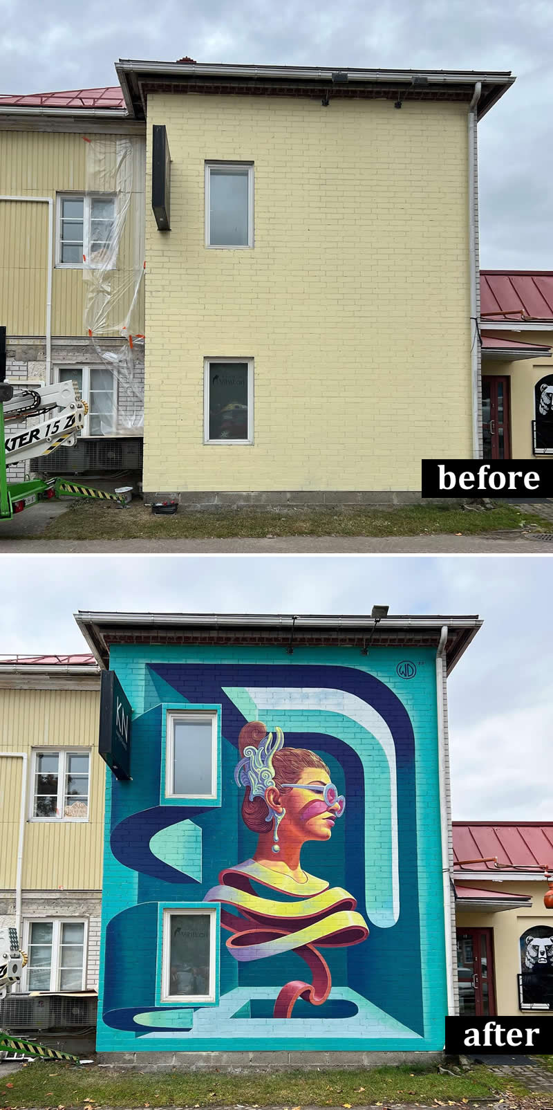 From Simple Walls to Spectacular Illusions: 36 Hyperrealistic Artworks That Defy Reality 62 Before-and-after image of a blank yellow brick wall transformed into a colorful mural featuring a stylized female portrait with flowing ribbon-like forms and geometric shapes, skillfully incorporating the building’s windows into the artwork’s design.