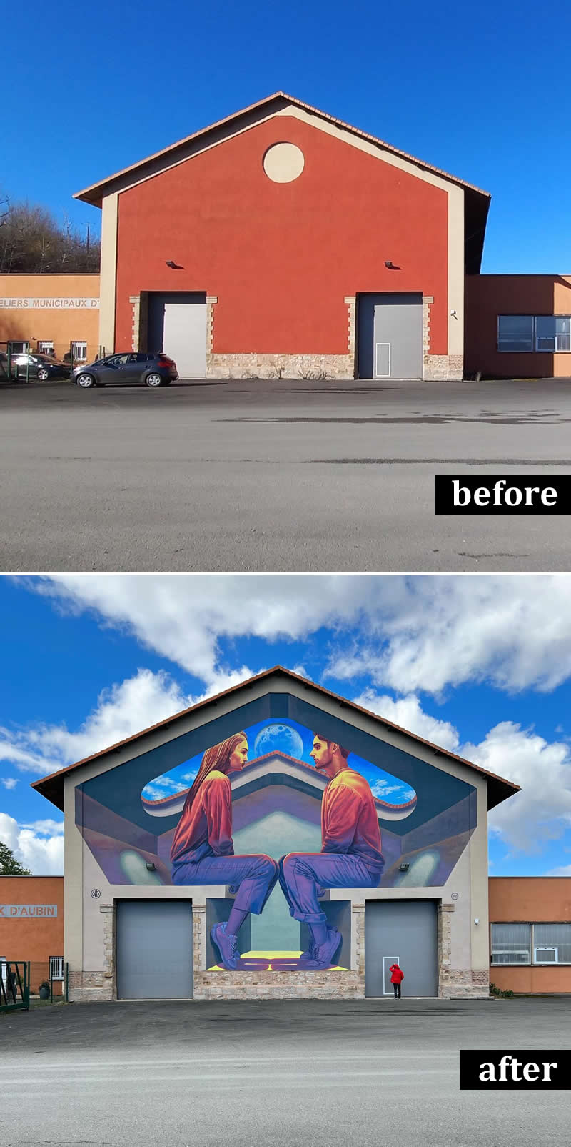 From Simple Walls to Spectacular Illusions: 36 Hyperrealistic Artworks That Defy Reality 63 Before-and-after image of a large warehouse-like building transformed into a hyperrealistic mural featuring two seated figures facing each other within a geometric architectural illusion, framed by the structure’s doors and enhanced by dramatic perspective and vibrant colors.