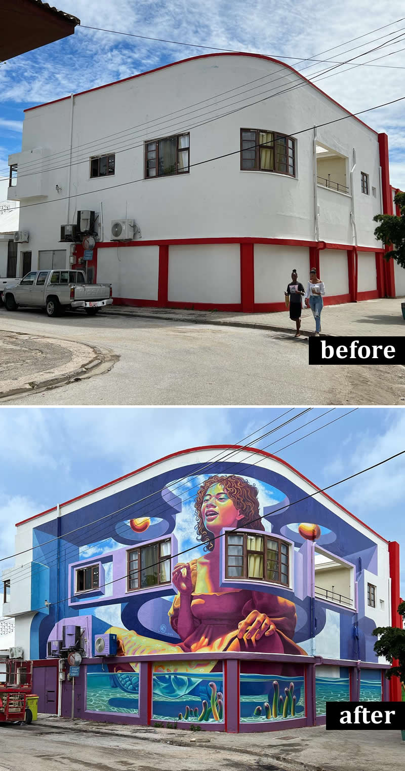 From Simple Walls to Spectacular Illusions: 36 Hyperrealistic Artworks That Defy Reality 64 Before-and-after image of a white corner building transformed into a colorful mural featuring a large expressive female figure surrounded by geometric architectural forms and underwater-inspired elements, seamlessly integrated with the building’s windows and curved facade.