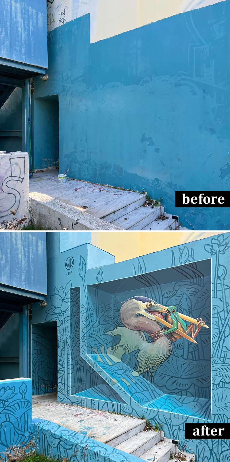 From Simple Walls to Spectacular Illusions: 36 Hyperrealistic Artworks That Defy Reality 65 Before-and-after image of a blue exterior wall transformed into a three-dimensional mural featuring a realistic heron holding a frog in its beak, surrounded by illustrated wetland vegetation and geometric architectural illusions integrated into the building’s structure.