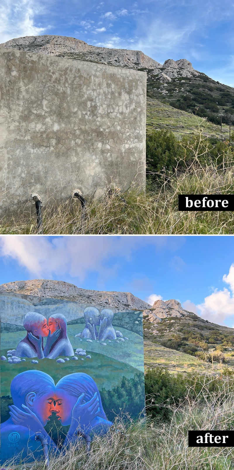 From Simple Walls to Spectacular Illusions: 36 Hyperrealistic Artworks That Defy Reality 67 Before-and-after image of a concrete wall in a rocky hillside landscape transformed into a mural depicting blue-toned embracing figures. The artwork features multiple couples sharing intimate moments, harmonizing with the surrounding mountains, grass, and open sky.