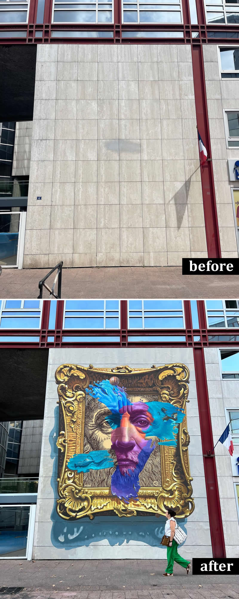 From Simple Walls to Spectacular Illusions: 36 Hyperrealistic Artworks That Defy Reality 74 Before-and-after image of a large building wall transformed into a mural featuring a colorful fragmented portrait set within an ornate golden frame. The artwork combines classical and contemporary elements, turning a plain stone façade into a bold urban art installation.