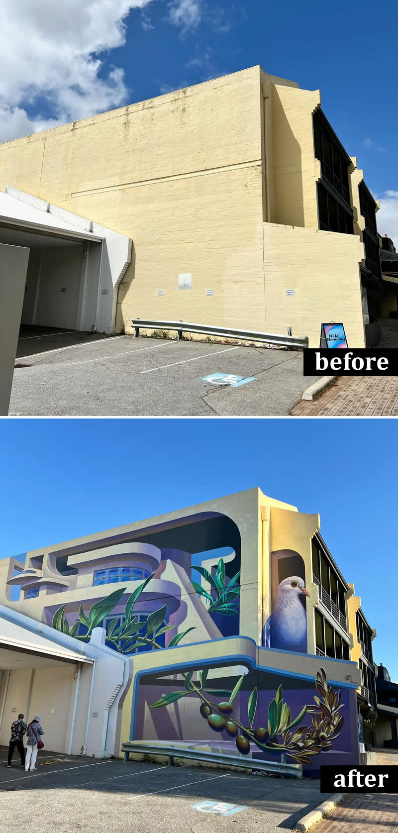 From Simple Walls to Spectacular Illusions: 36 Hyperrealistic Artworks That Defy Reality 43 Before-and-after image of a large building wall transformed from a plain beige facade into a colorful mural featuring modern architectural forms, olive branches, lush plants, and a realistic white dove integrated into the structure.