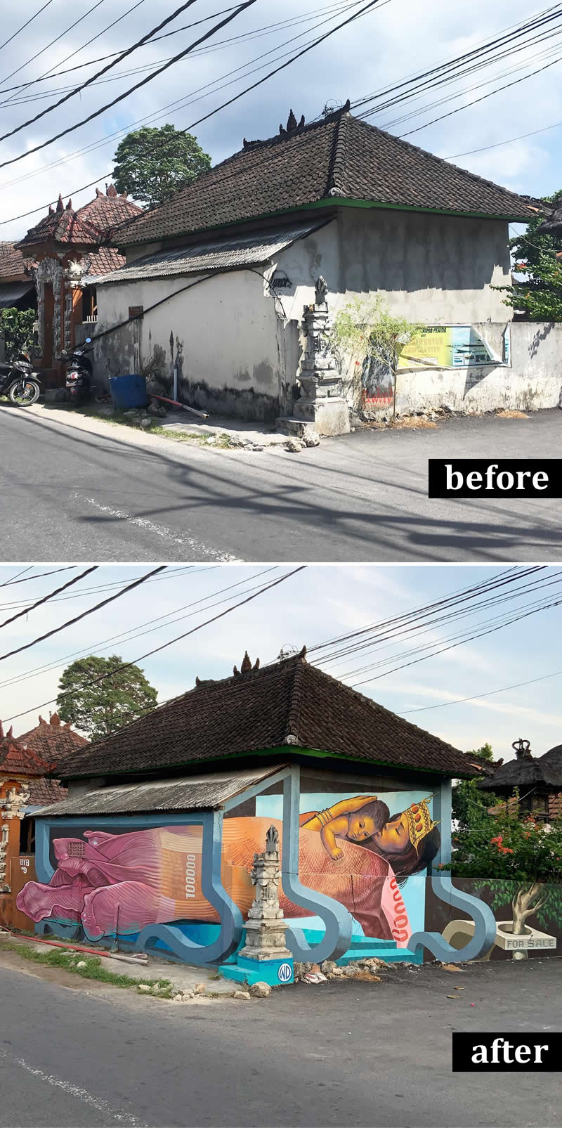 From Simple Walls to Spectacular Illusions: 36 Hyperrealistic Artworks That Defy Reality 47 Before-and-after image of a weathered corner building transformed into a colorful mural featuring reclining figures integrated with oversized banknote elements and flowing geometric forms, creating a striking illusion across the structure’s walls.