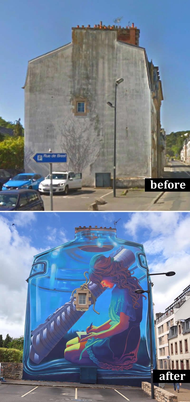 From Simple Walls to Spectacular Illusions: 36 Hyperrealistic Artworks That Defy Reality 48 Before-and-after image of a blank building facade transformed into a giant mural depicting a young girl writing inside a translucent blue bottle, with a large pen and glowing dreamlike atmosphere integrated seamlessly into the architecture.