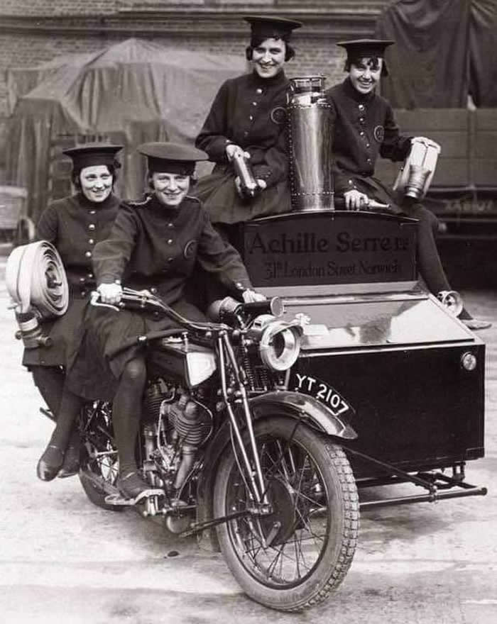 History Uncovered: 40 Powerful Photos That Change How We See the Past 60 A female firefighting team on a converted motorcycle in London, 1932.