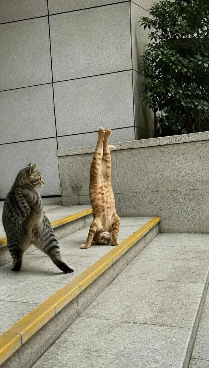 An orange tabby cat balances upside down on its front paws with its back legs straight in the air while another tabby cat watches curiously on a staircase, creating a funny and adorable moment.