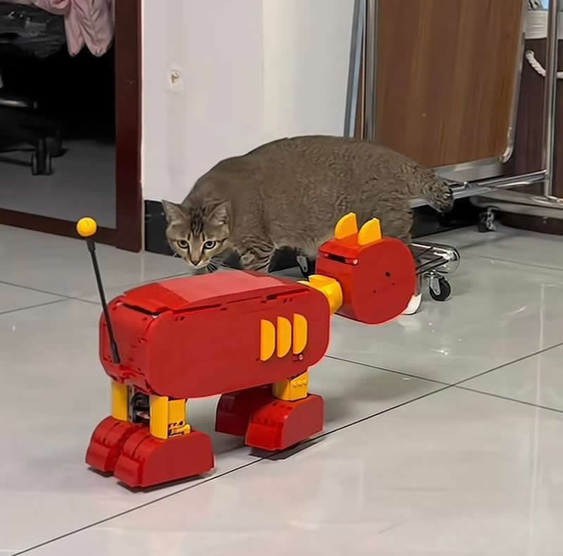 Too Cute to Handle: 35 Animal Photos That Perfectly Capture Everyday Chaos 50 A curious tabby cat crouches low on a tiled floor, carefully stalking a bright red robotic toy. With wide eyes and a cautious pose, the adorable feline looks ready to investigate its mysterious new "robotic rival.