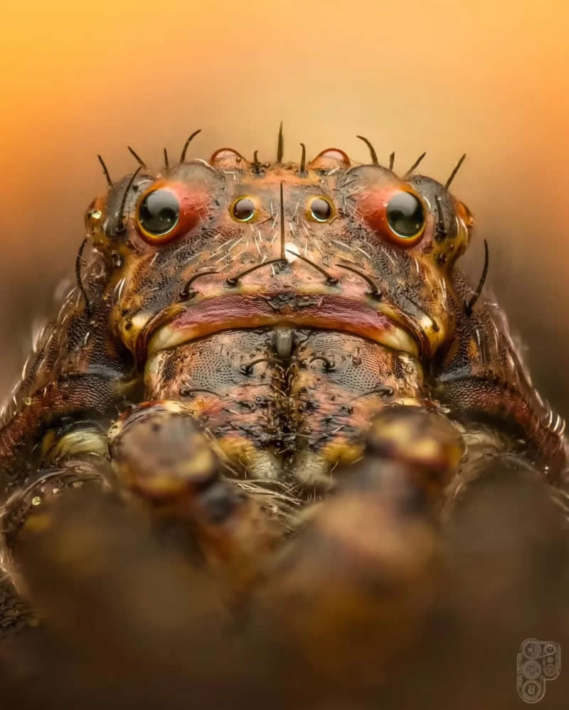 Extreme close-up macro photograph of a jumping spider facing the camera, displaying multiple reflective eyes, intricate facial details, tiny hairs, and textured body against a warm, softly blurred background.
