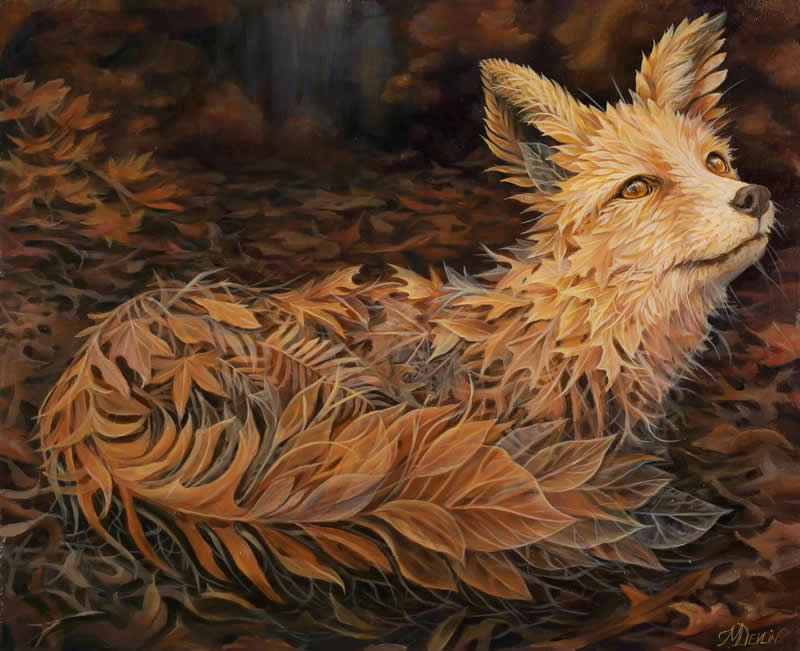 30 Mesmerizing Wildlife Paintings by Molly Devlin Filled With Flowers, Feathers, and Fantasy 44 Where Fallen Leaves Dream - Wildlife Paintings by Molly Devlin