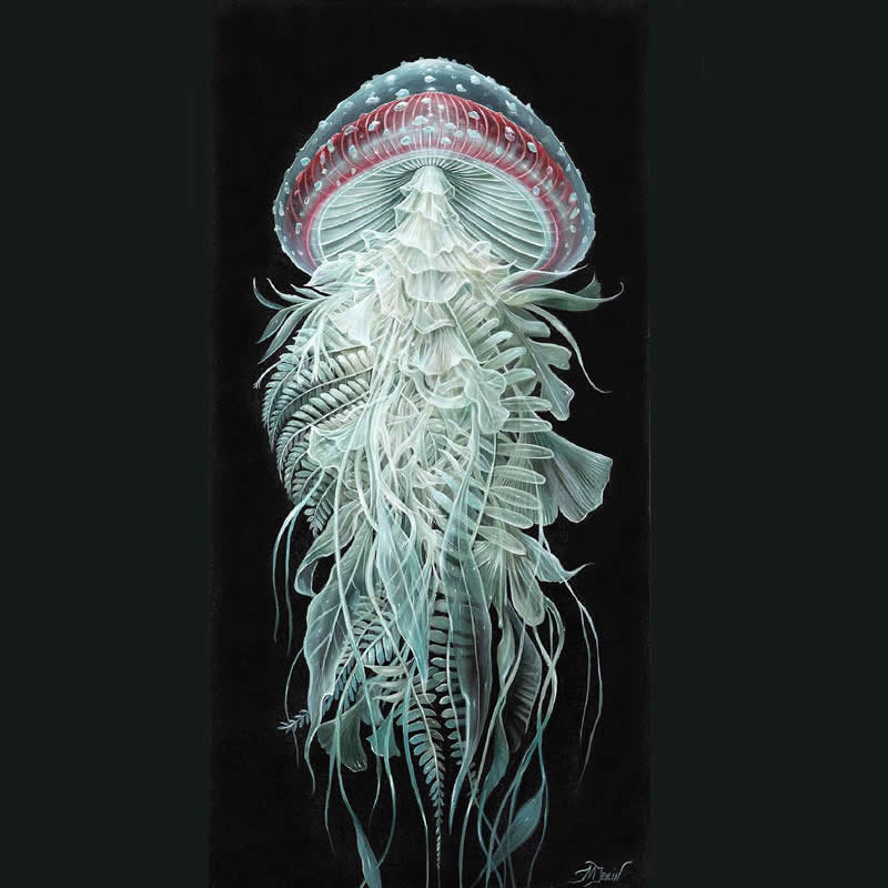 30 Mesmerizing Wildlife Paintings by Molly Devlin Filled With Flowers, Feathers, and Fantasy 54 Floating Agaric - Wildlife Paintings by Molly Devlin