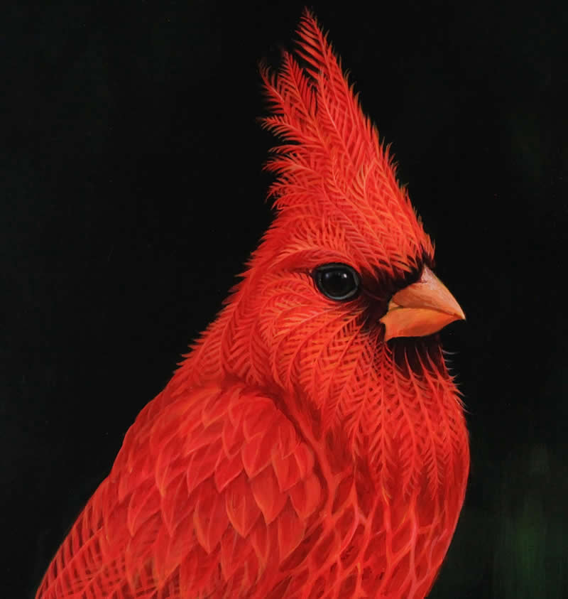 30 Mesmerizing Wildlife Paintings by Molly Devlin Filled With Flowers, Feathers, and Fantasy 39 The Cardinal - Wildlife Paintings by Molly Devlin