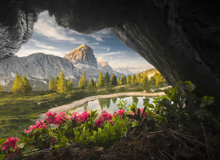 A mountain peak and small reflective pond are seen through the opening of a dark cave, with bright pink flowers and green plants in the foreground under soft daylight.