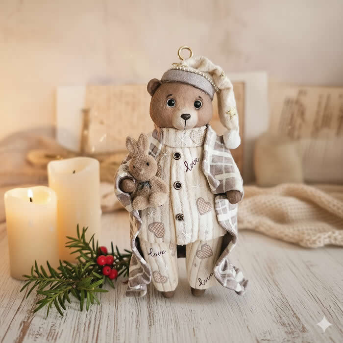 Miniature World: 33 Cotton Wool Sculptures by Katya Celebrating the Magic of Handmade Craft 53 A handcrafted miniature bear ornament made from cotton wool wears cozy cream winter pajamas, a checkered robe, and a soft sleeping cap while holding a tiny bunny toy, surrounded by candles and festive greenery in a warm holiday setting.