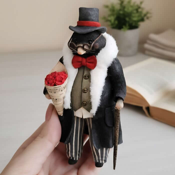 Miniature World: 33 Cotton Wool Sculptures by Katya Celebrating the Magic of Handmade Craft 54 A handcrafted miniature mole ornament made from cotton wool wears a black coat with a white fur collar, striped trousers, red bow tie, and top hat while holding a bouquet of red roses and a cane in a softly lit vintage setting.