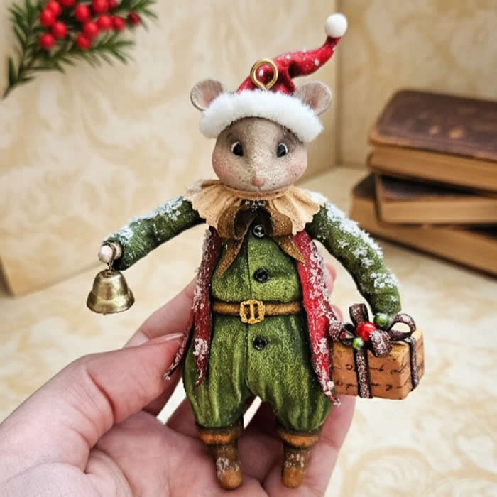 Miniature World: 33 Cotton Wool Sculptures by Katya Celebrating the Magic of Handmade Craft 43 A handcrafted miniature mouse ornament made from cotton wool wears a festive green outfit, red cape, and Santa hat while holding a tiny bell and a wrapped gift, dusted with snowy details against a warm vintage holiday backdrop.