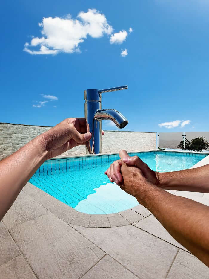Pure Visual Magic: 35 Mind-Bending Forced Perspective Photos by Hugo Suíssas 64 One hand holds a chrome faucet above a swimming pool while another pair of hands waits below, aligned so the pool appears to be pouring water from the faucet into cupped hands in a playful forced perspective illusion.