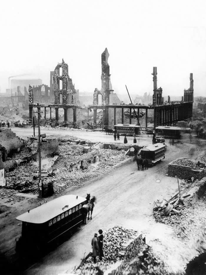 The Past Unfiltered: 34 Rare Historical Photos That Reveal the Human Side of History 48 Horse-drawn streetcars still operating amidst the gutted buildings and smoldering ruins at State and Madison streets after the Great Chicago Fire in 1871