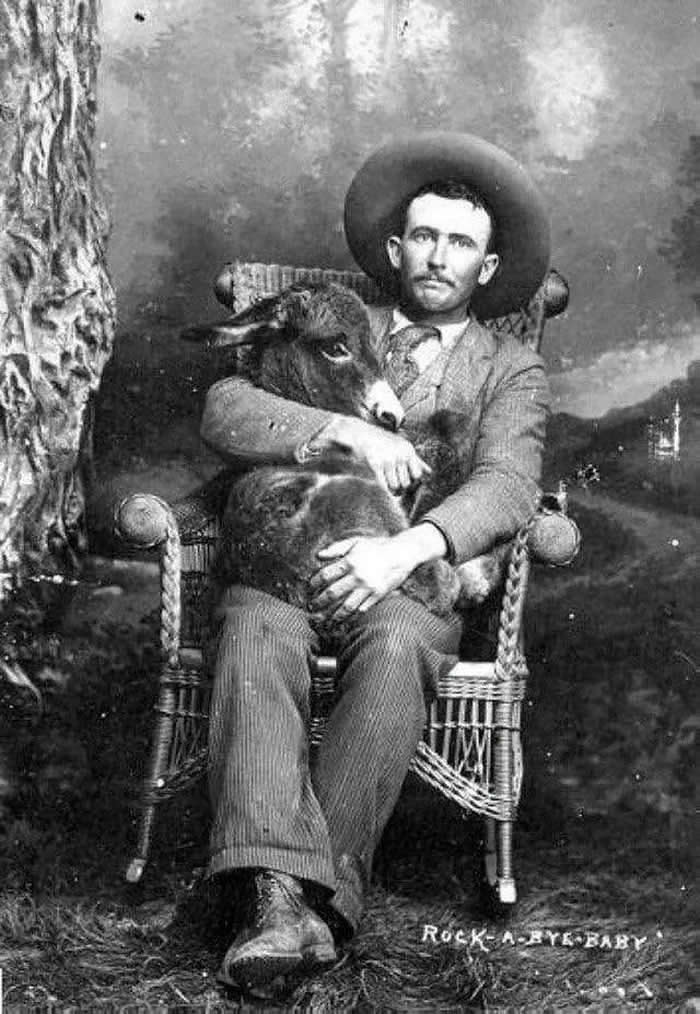 The Past Unfiltered: 34 Rare Historical Photos That Reveal the Human Side of History 42 A man holding a donkey in his lap. At the bottom of the photo it reads "Rock-a-bye Baby". Unknown date, possibly 1910s.