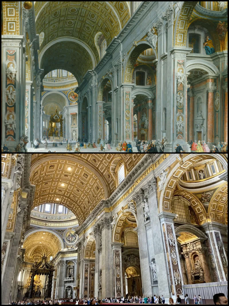 From Canvas to Reality: 27 Famous Paintings and Their Real-Life Locations 41 Interior of St Peter's by Giovanni Paolo Panini (1760) - Famous Paintings and Their Real-Life Locations