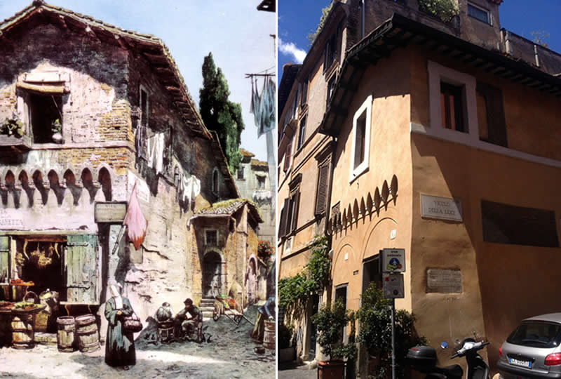 From Canvas to Reality: 27 Famous Paintings and Their Real-Life Locations 49 Ettore Roesler Franz (1845-1907) of a house in Trastevere, Rome - Famous Paintings and Their Real-Life Locations