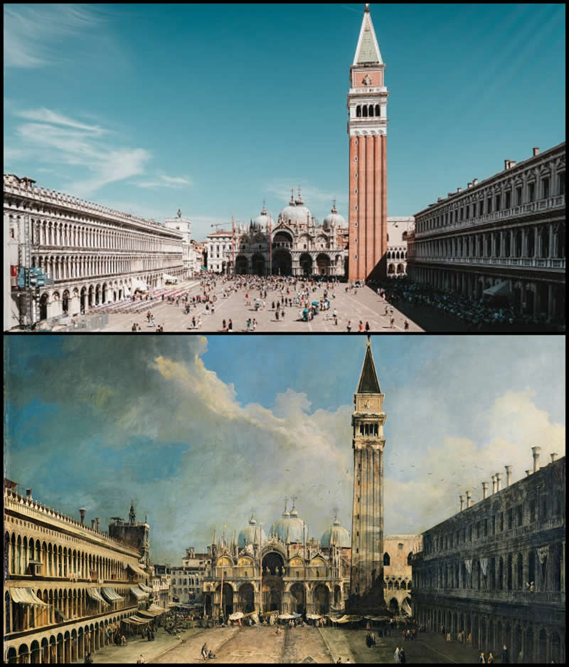 From Canvas to Reality: 27 Famous Paintings and Their Real-Life Locations 32 Piazza San Marco, Venice by Canaletto (1730) - Famous Paintings and Their Real-Life Locations