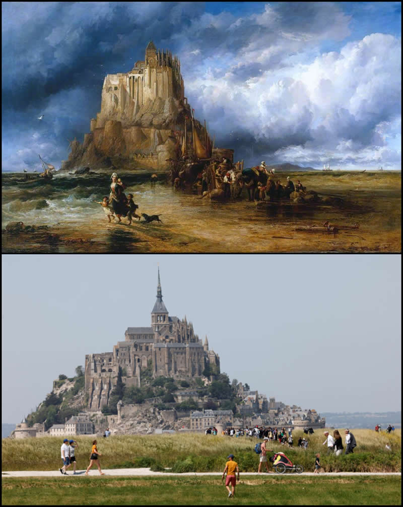 From Canvas to Reality: 27 Famous Paintings and Their Real-Life Locations 35 Mont-Saint-Michel by James Webb (1857) - Famous Paintings and Their Real-Life Locations